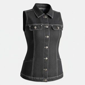 Emotions Black Denim Vest Women's Size 11 Button Down | Débardeur Jeans Noir